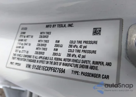 2023 Tesla Model 3 Performance Dual Motor All-Wheel Drive из США, поврежденный, VIN 5YJ3E1ECXPF627694